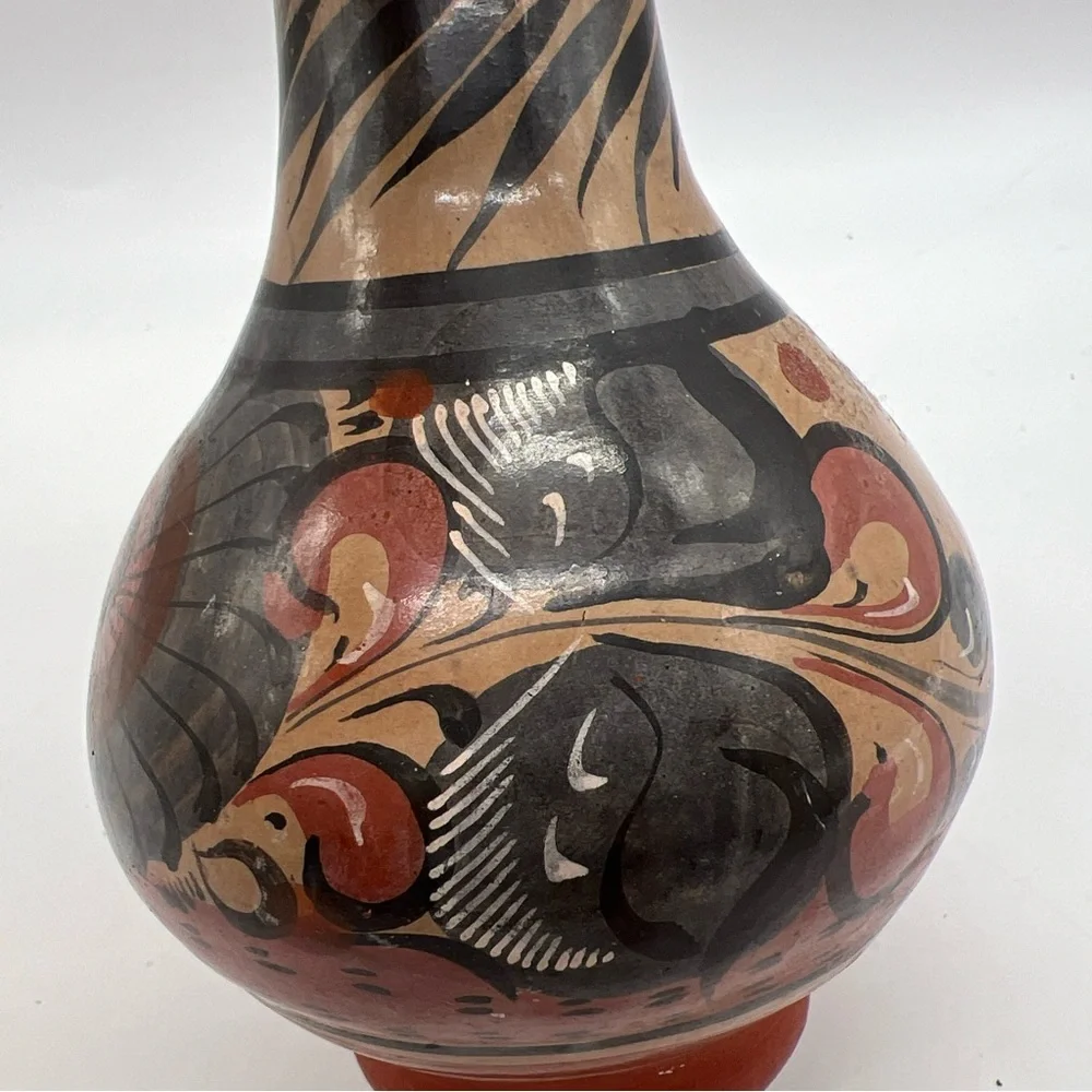 Mexican Made Tonala Vase Foral Coral Gray Color Artisan Ethnic Handmade Painted